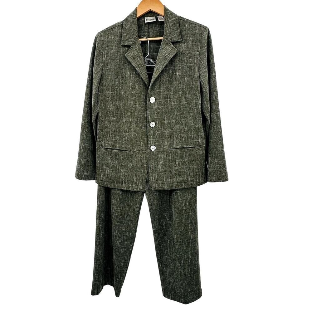 Chico's Green Gray Career 2 pc Pant Suit Womens Size 8 Medium Blazer Trouser